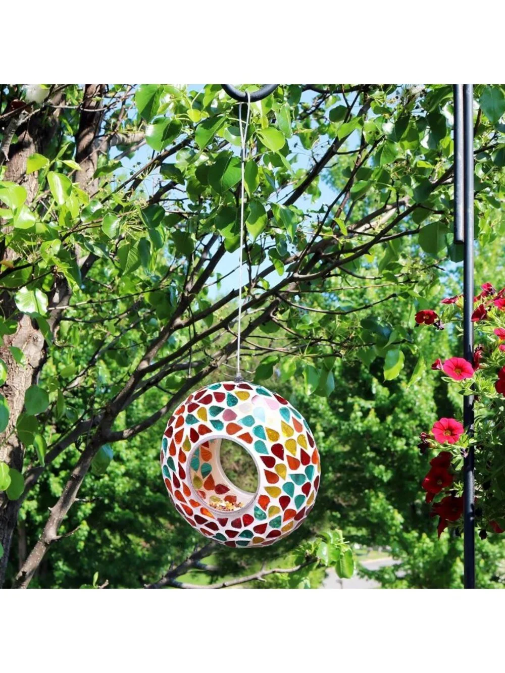 Colorful 6-Inch Glass Mosaic Hanging Bird Feeder - Outdoor Fly-Through Feeder